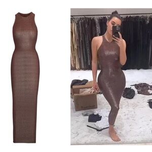SKIMS Cocoa Shimmer Halter Tank Sleeveless Maxi Dress